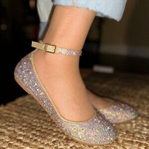 Glittering Gold Ankle Strap Flats